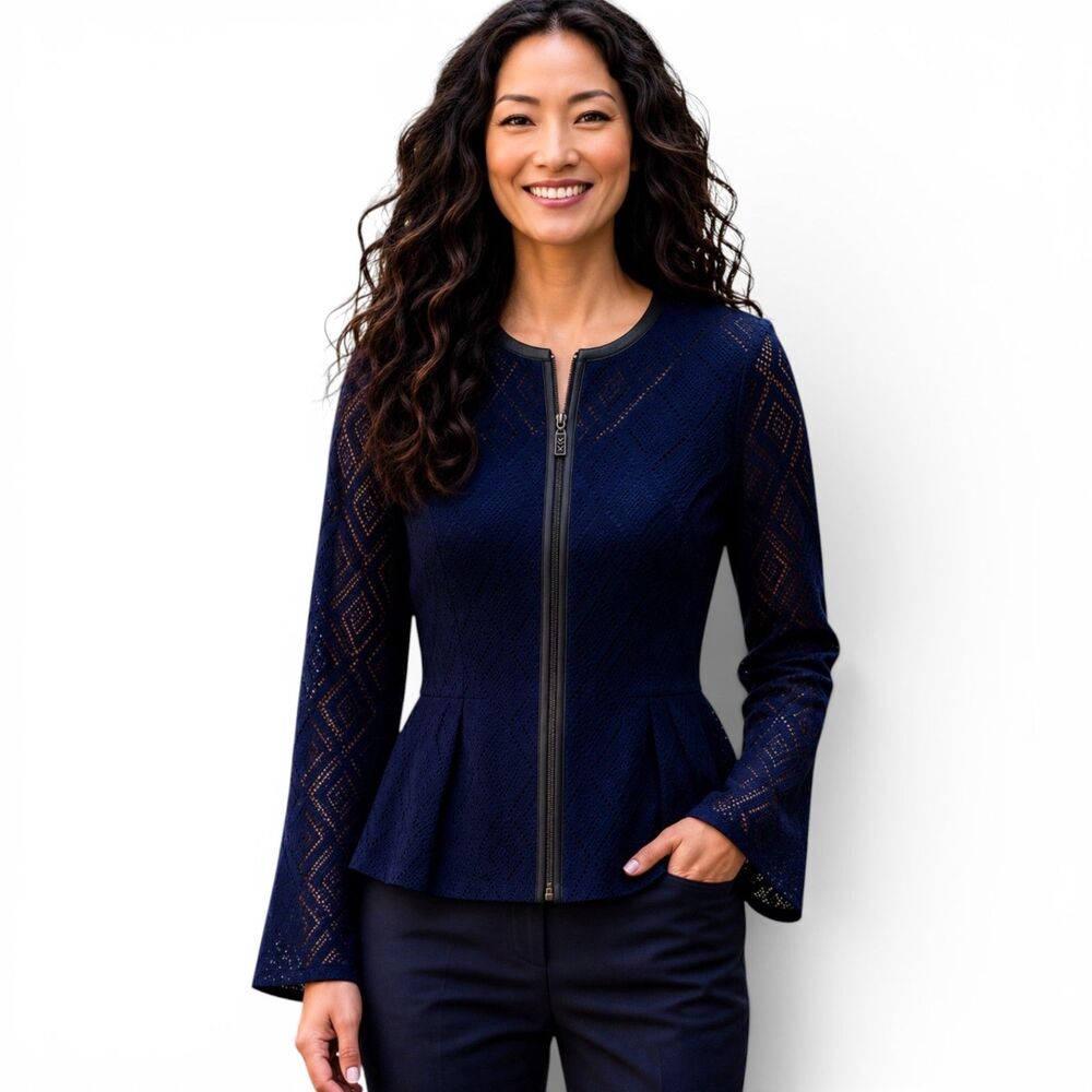 Kim Gravel Lace Shacket Twilight Blue Peplum Zip Front Bell Sleeve Women's XXS